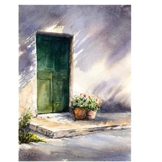 نقاشی آبرنگ درِ قدیمی