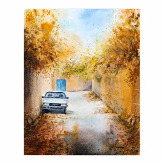 نقاشی آبرنگ کوچه پاییزی