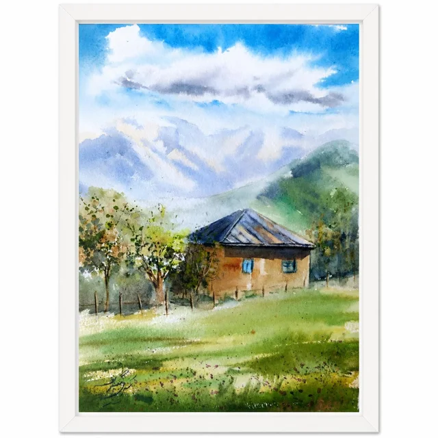 تابلو نقاشی آبرنگ خانه روستایی