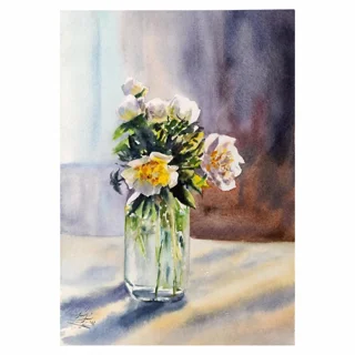 نقاشی آبرنگ گلدان گل